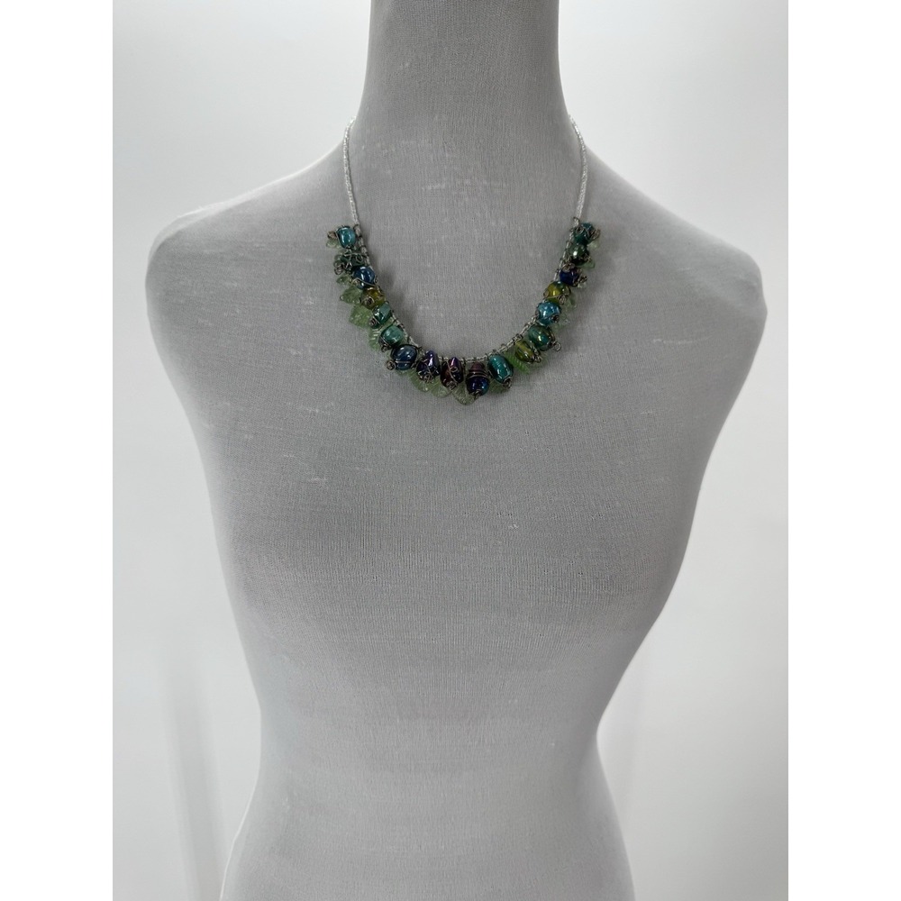 Handmade Wire Wrapped Glass Bead Necklace‎ Green Blue Artisan Collar